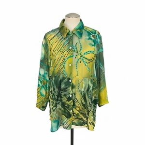 Mirasol Silk Blend Tropical Floral Blouse XL Button Down Green Teal Yellow